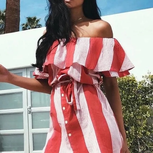 Faithfull the Brand Amalfi Rust-Red Striped Off-Shoulder Mini Dress • Size S - Picture 3 of 14